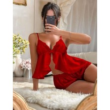 Bemy Store Kırmızı Dantel Işlemeli Ince Askılı Saten Şortlu Takım