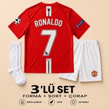 Andream Manchester United Ronaldo 7 Çocuk Futbol Forması Forma Şort Çorap 3 Parça Kırmızı