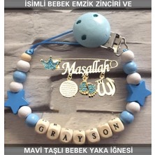 PremiumPort Bebek Emzik Zinciri ve Mavi Taşlı Yaka Iğnesi Seti