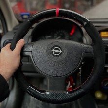 Stilix Garage Opel Corsa C 2000-2006 Araca Özel Direksiyon Deri Kılıfı 5d Kristal Karbon Alcantra Kırmızı Yüzüklü