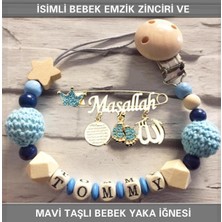 PremiumPort Bebek Emzik Zinciri ve Mavi Taşlı Yaka Iğnesi Seti