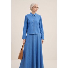 Moda Morfo Üstü Düğmeli Kloş Etekli Tensel Takım -Mavi