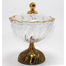 Özbience Şık Metal Ayaklı Kristal Cam Şekerlik, Gold Detaylı Sunumluk