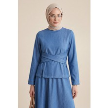 Moda Morfo Yuvarlak Yaka Beli Çapraz Bağcıklı Etekli Tensel Takım -Mavi