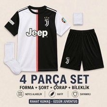 Andream Juventus Cr7 Ronaldo Siyah Beyaz Çocuk Futbol Forması Forma Şort Çorap Bileklik 4 Parça