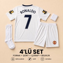 Andream Manchester United Ronaldo 7 Çocuk Futbol Forması Forma Şort Çorap Bileklik 4 Parça Beyaz