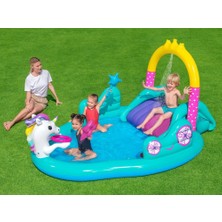 Bestway Unicornlu Kaydıraklı Fıskiyeli Havuz 274 cm x 198 cm x 137 cm Dayanıklı Mavi PVC
