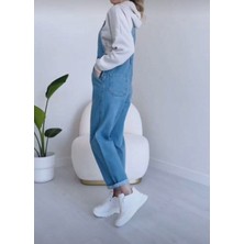 Beleza Store Kadın Denim Tulum Koyu Mavi Uzun Kol Salopet Günlük Kullanımda Rahat ve Şık