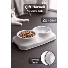 Meleni Home 400ML Çift Bölmeli Mama Kabı - Kaymaz Taban Kedi Köpek Evcil Hayvan Mama Kasesi Su Kabı Beyaz