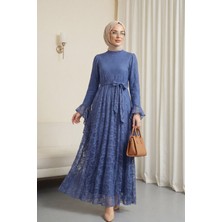 Moda Morfo Çiçek Desenli Güpür Dantelli Kolu Volanlı Kemerli Astarlı Elbise -Indigo