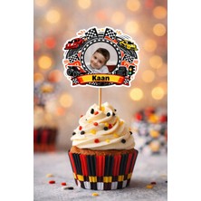 PremiumPort Kişiye Özel Yarış Arabası Temalı 6 Adet Cupcake Süsü, Isimli Doğum Günü