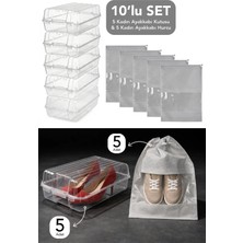 Meleni Home 10'lu Set - 5 Adet Kadın Ayakkabı Kutusu ve 5 Adet Ayakkabı Saklama Hurcu Düzenleyici Organizer
