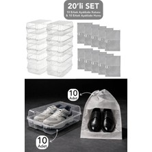 Meleni Home 20'li Set - 10 Adet Erkek Ayakkabı Kutusu ve 10 Adet Ayakkabı Saklama Hurcu Düzenleyici Organizer