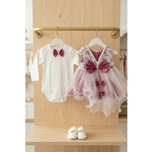 PremiumPort Büyük Fiyonklu Dantelli Bebek Elbise ve Organik Pamuk Ayakkabılı Set