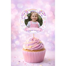 PremiumPort Kişiye Özel Unicorn Temalı 6 Adet Cupcake Süsü 8 Cm, Doğum Günü Dekoru
