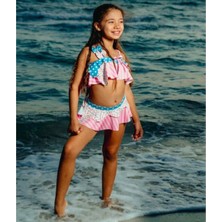Cg Kids Renkli Desen Baskılı Fiyonk Detaylı Askılı Kız Çocuk Bikini / Mayo Alt Üst Takım Süper Kalite
