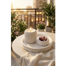 Beton Mum ve Dekoratif Tepsi Seti Minimal Dokulu Tasarım Beyaz