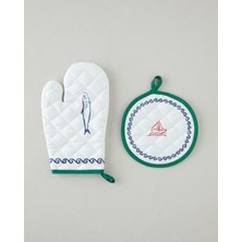English Home Maritime Melody Polyester 2'li Mutfak Seti 17x30 Cm + 20x20 Cm Beyaz - Yeşil