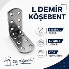 Badem10 Oval Başlı L Demir Gönye 30X55X55 mm 50 Adet Set Vida Dahil Dayanıklı Metal Köşe Bağlantı Aparatı