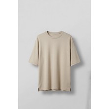 Abluka Online Erkek Oversize Esnek Kumaş Basic T-Shirt Bej