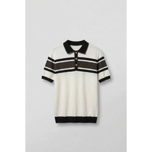 Abluka Online Erkek Regular Fit Çizgili Havlu Triko Polo Yaka T-Shirt Ekru Kahverengi
