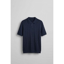 Abluka Online Erkek Regular Fit Saç Örgü Pamuklu Triko Polo Yaka T-Shirt Lacivert