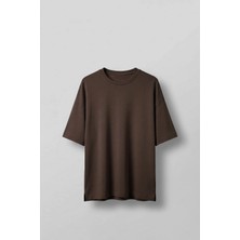 Abluka Online Erkek Oversize Esnek Kumaş Basic T-Shirt Kahverengi