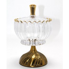 Özbience Şeffaf Kristal Cam Şekerlik, Metal Ayaklı ve Gold Detaylı Sunumluk