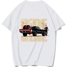 Brz Collection Unisex Oversize Car Ride Or Die T-Shirt (Beyaz)