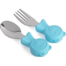 Valkyrie 304 Çelik Panda Bebek Kaşık Çatal Setisilikon Saplı Bpa Içermez Ergonomik Kaymaz Mavi