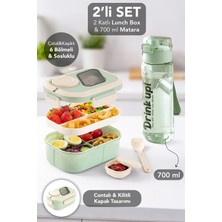 Meleni Home 2 Katlı Lunch Box & 700 ml Matara - 6 Bölmeli Kilitli Kapak Yemek Kabı ve Taşıma Kulplu Suluk Yeşil