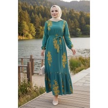 İlkimay.com Noyra Desenli Viskon Elbise 1722 - Yeşil