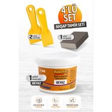 Badem10 Pratik (4'lü) Ahşap Tamir Seti 1000 gr Beyaz Tamir Macunu + 2 Adet Spatula + Kübik Zımpara