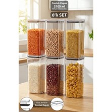 Meleni Home 6'lı Pure Kare Saklama Kabı - Contalı Kapaklı Şeffaf Mika Hava Almaz Erzak Un Bakliyat Kabı 2100ML