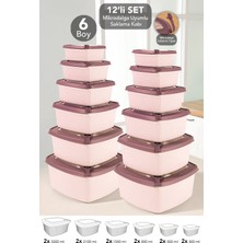 Meleni Home 12'li Kare Çizgili Mikrodalga Kapak Saklama Kabı - 6 Boy Mikrodalgaya Uygun Erzak Gıda Kabı Pembe
