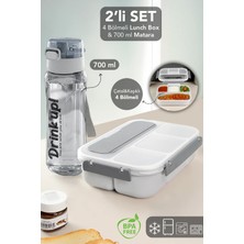 Meleni Home 4 Bölmeli Lunch Box & 700 ml Matara Seti - Çatal Kaşıklı Yemek Kabı ve Taşıma Kulplu Su Şişesi Gri