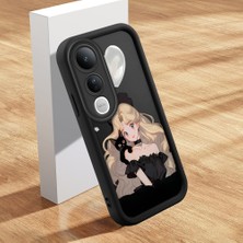 HONTINGA Vivo V50 Lite ile Uyumlu Kılıfı Düşüme Önleyici Basitlik Anti Düşme Kamera Korumali Şirin Kedi Güzel Kadın Siyah Desen Yumuşak Silikon Telefon Kılıfı Kadın ve Erkek Için Uygundur K2-0069