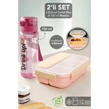 Meleni Home 4 Bölmeli Lunch Box & 700 ml Matara Seti - Çatal Kaşıklı Yemek Kabı ve Taşıma Kulplu Su Şişesi Pembe