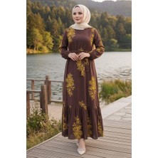 İlkimay.com Noyra Desenli Viskon Elbise 1722 - Kahve