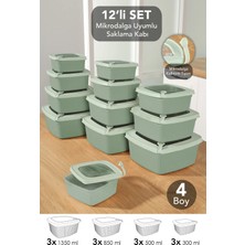 Meleni Home 12'li Kare Çizgili Mikrodalga Kapak Saklama Kabı - 4 Boy Mikrodalgaya Uygun Erzak Gıda Kabı Yeşil