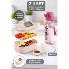 Meleni Home 2 Katlı Lunch Box & 700 ml Matara - 6 Bölmeli Kilitli Kapak Yemek Kabı ve Taşıma Kulplu Suluk Pembe