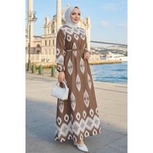 İlkimay.com Alera Desenli Viskon Elbise 1720 - Açık Kahve