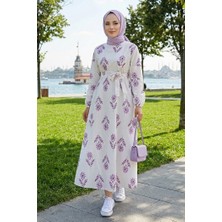 İlkimay.com Mayra Desenli Keten Elbise 1717 - Lila
