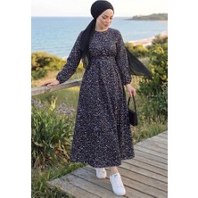 İlkimay.com Eyser Desenli Keten Elbise 1716 - Siyah