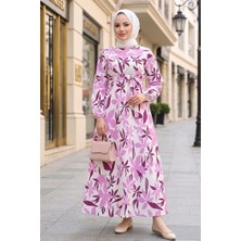 İlkimay.com Zerya Desenli Keten Elbise 1718 - Pembe