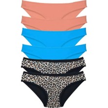 Byb Moda Tasarım 6 Adet Likralı Kadın Slip Külot Leopar Pudra Mavi