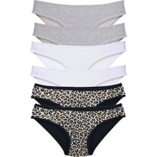 Byb Moda Tasarım 6 Adet Likralı Kadın Slip Külot Leopar Gri Beyaz