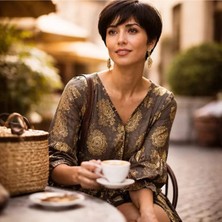 Antica Sartoria Kadın Antik Gold Desenli Bohem Elbise - V Yaka Bağlama Detaylı Kat Kat Mini Elbise