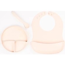 Hsc Bilişim Krem Rengi 3’lü Silikon Yemek Seti – Önlük + Diş Kaşıyıcılı Kaşık + Vakumlu Tabak