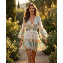 Antica Sartoria Stil Pastel Tonlu Dantel Işlemeli Bohem Mini Elbise - Püskül Detaylı Yazlık Tunik
